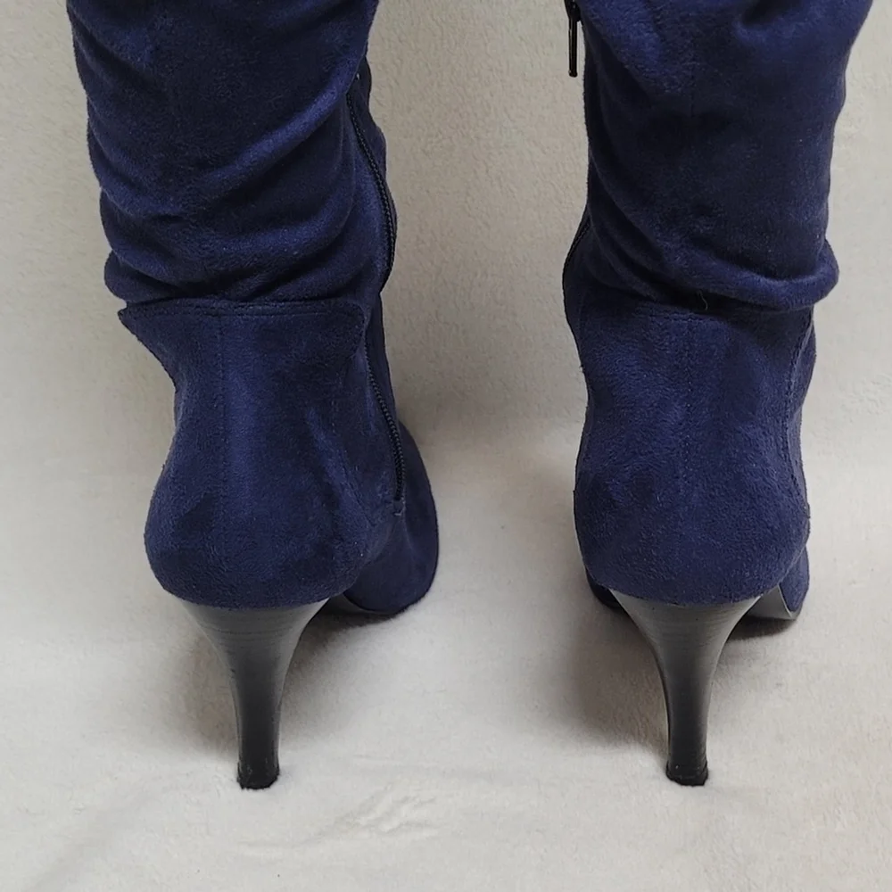 90s Vintage Skechers Blue Faux Suede Cuffed Tapered Heel Knee High Slouch Boots